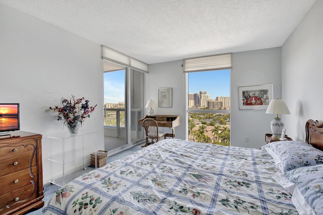 carpeted bedroom with access to exterior, multiple windows, and a textured ceiling