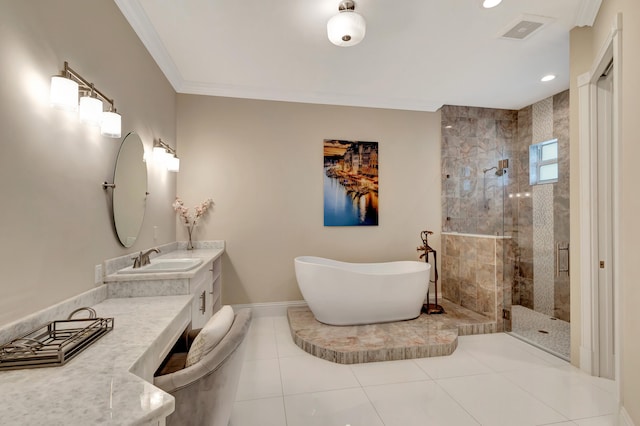 bathroom with ornamental molding, plus walk in shower, tile patterned floors, and vanity