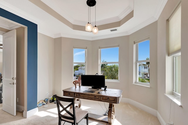 office featuring a raised ceiling, light carpet, and crown molding