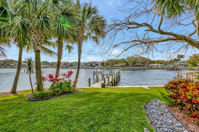 dock area featuring a lawn and a water view