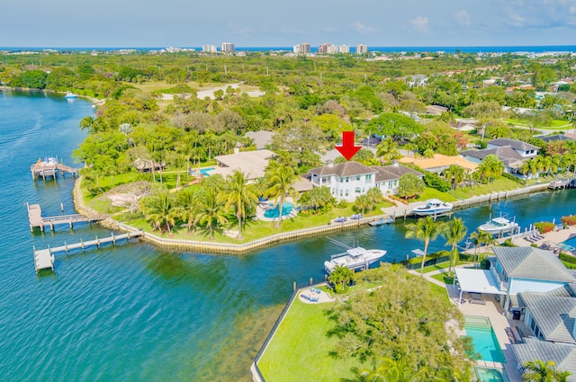 bird's eye view with a water view