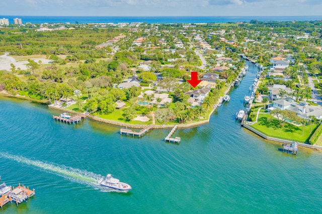 drone / aerial view with a water view