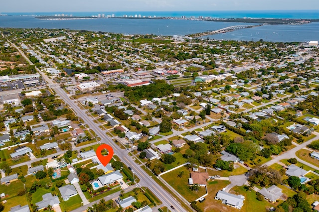 bird's eye view with a water view