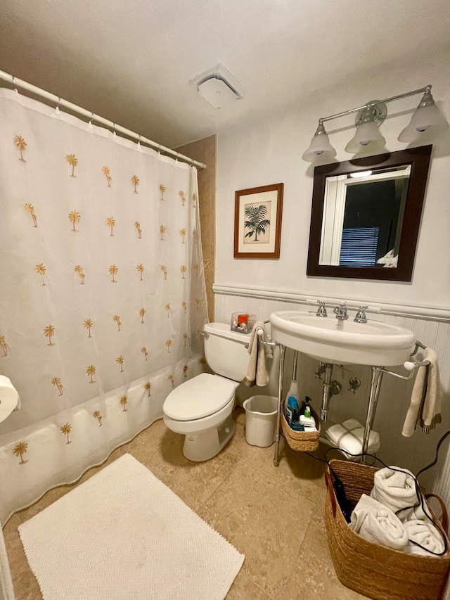 bathroom with wood walls, toilet, and sink