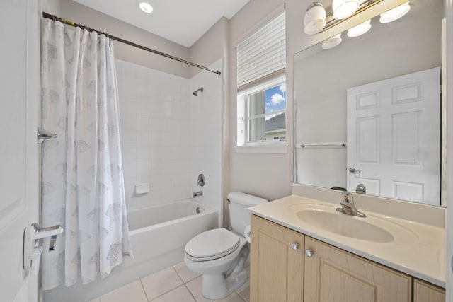 full bathroom with vanity, tile floors, toilet, and shower / bath combination with curtain