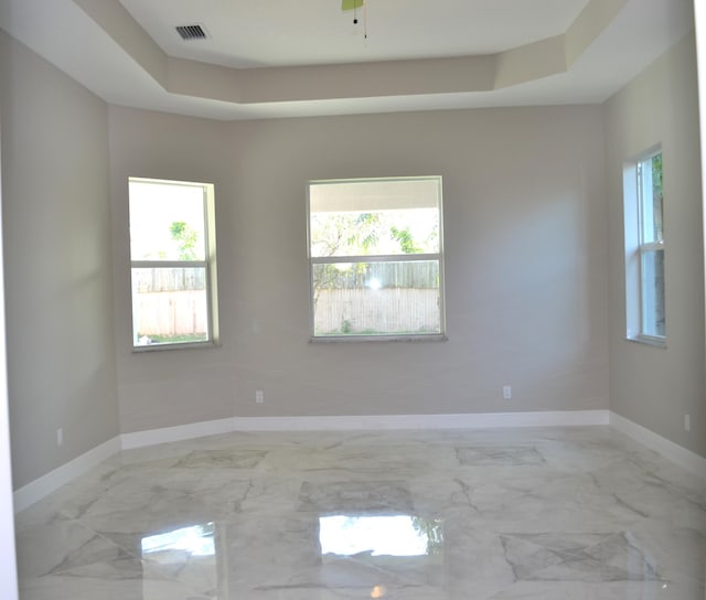 spare room with a raised ceiling, a wealth of natural light, and ceiling fan