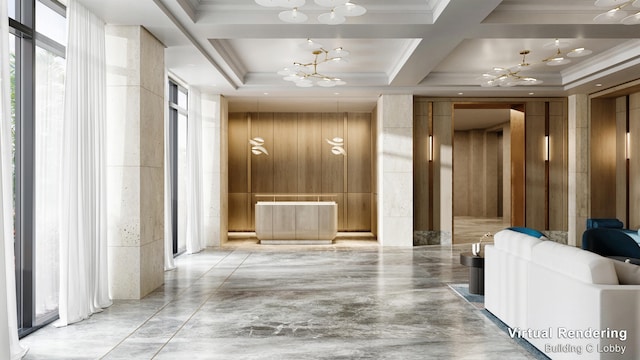 corridor with coffered ceiling, wooden walls, crown molding, and an inviting chandelier