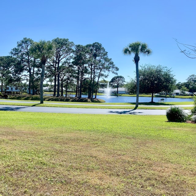 view of home's community with a lawn and a water view