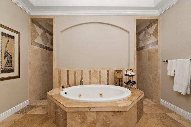 bathroom with tiled bath, ornamental molding, and tile flooring