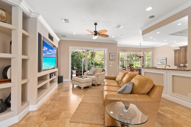 living room with crown molding, built in features, ceiling fan with notable chandelier, and light tile floors