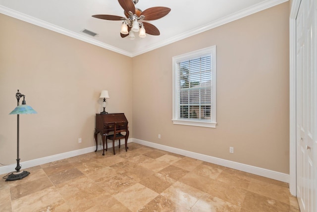 empty room featuring light tile floors, ornamental molding, and ceiling fan