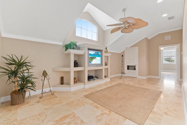 interior space with built in features, ceiling fan, light tile floors, and ornamental molding