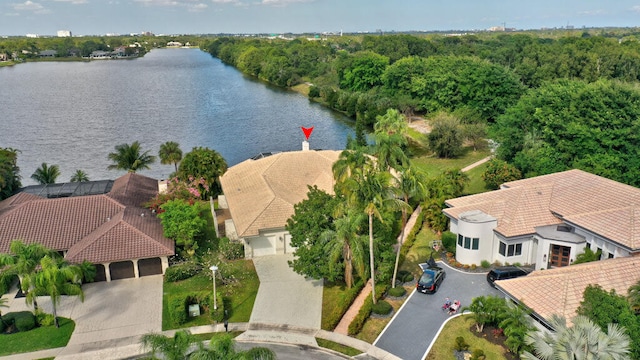 bird's eye view with a water view