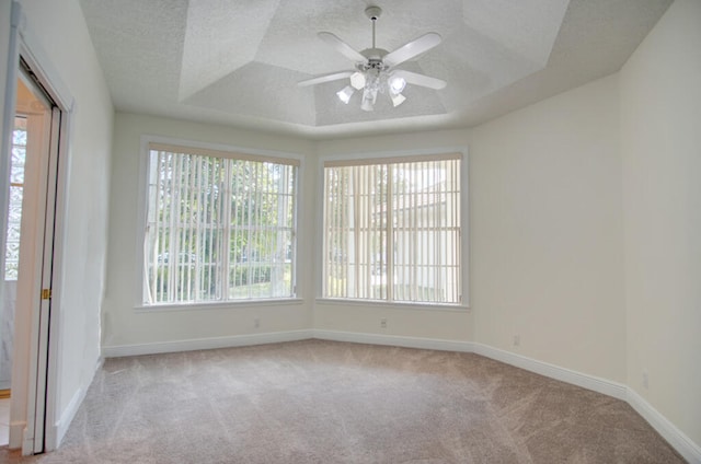 spare room featuring a raised ceiling, plenty of natural light, ceiling fan, and light carpet