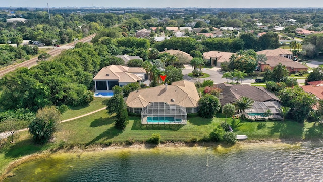 aerial view featuring a water view