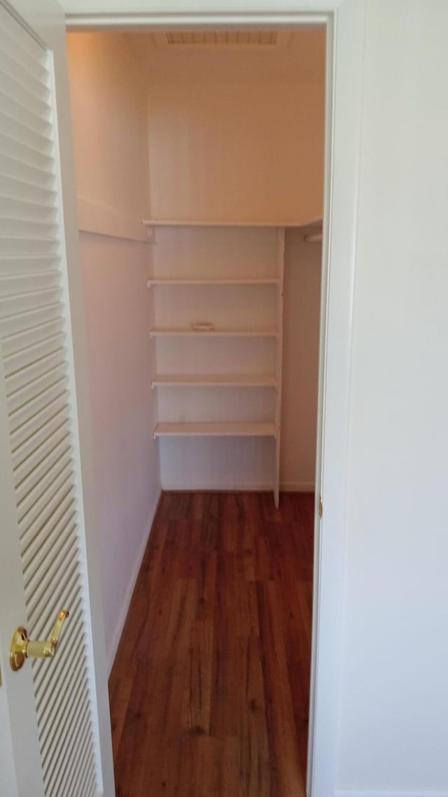 spacious closet with dark hardwood / wood-style flooring