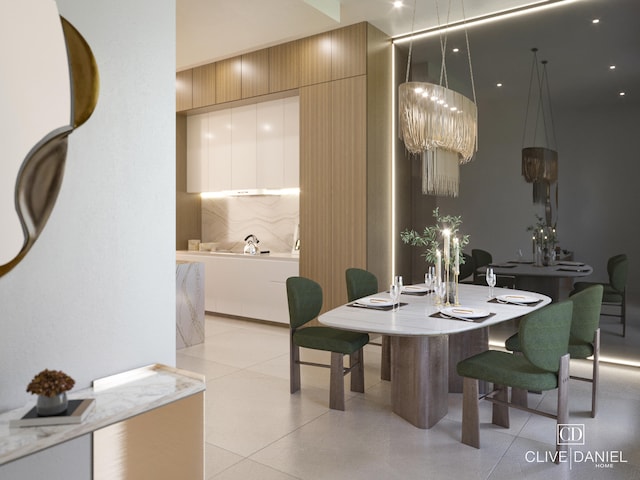 tiled dining space with an inviting chandelier