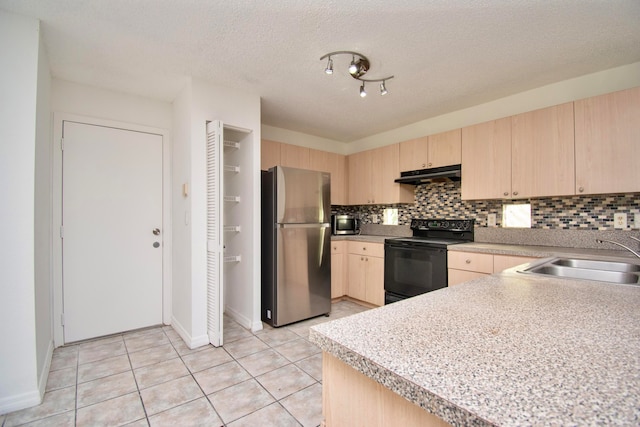 kitchen featuring black range with electric stovetop, light brown cabinets, sink, tasteful backsplash, and stainless steel refrigerator