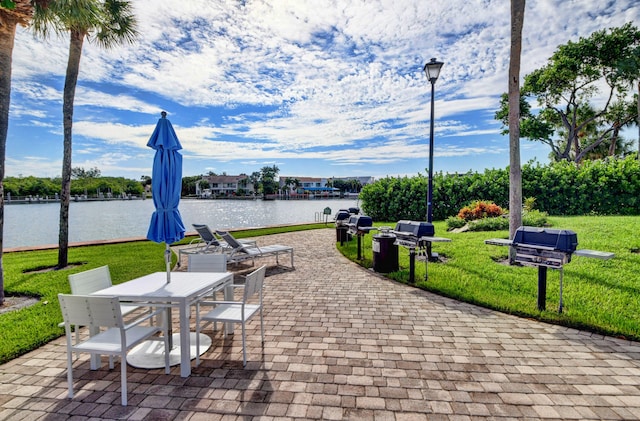 view of patio featuring a water view