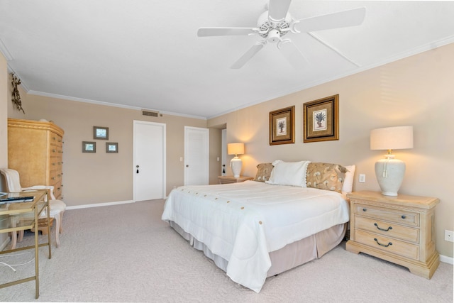 bedroom with light colored carpet, ceiling fan, and ornamental molding