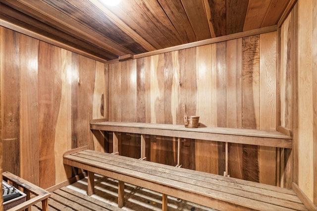 view of sauna with wood walls