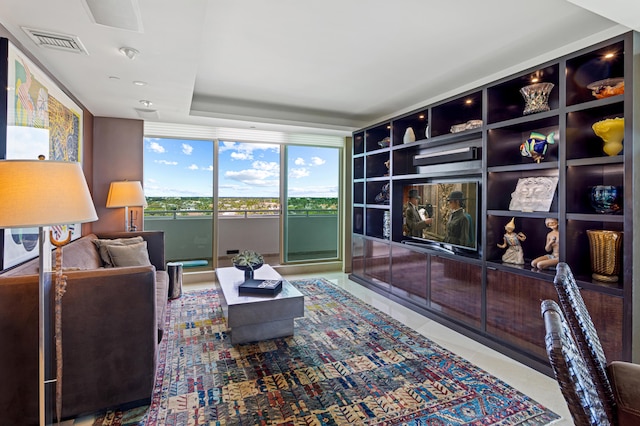 living room featuring light tile patterned floors