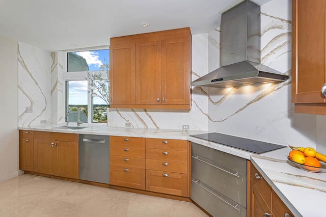 kitchen featuring wall chimney range hood, sink, dishwasher, black electric cooktop, and decorative backsplash