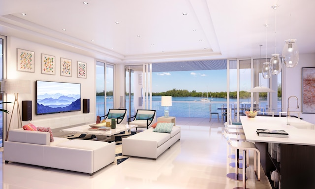 interior space with a water view