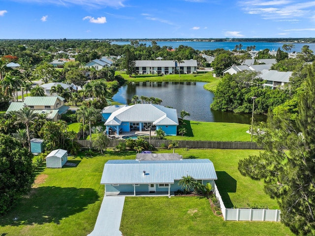 drone / aerial view featuring a water view