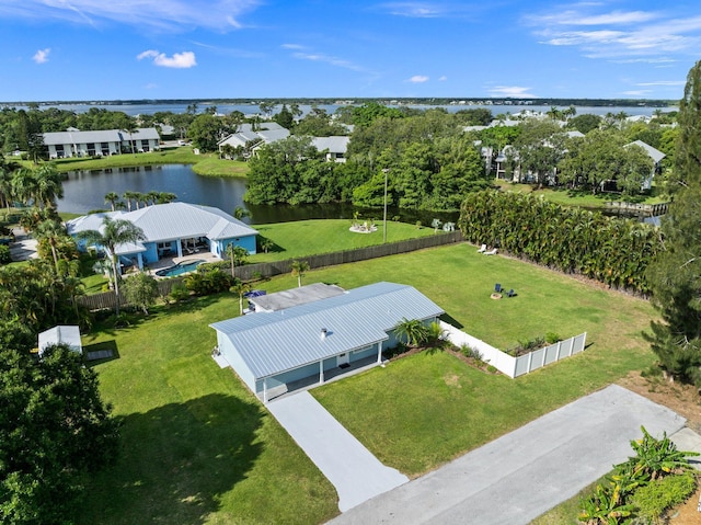 bird's eye view with a water view