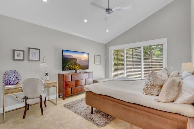 tiled bedroom with high vaulted ceiling and ceiling fan