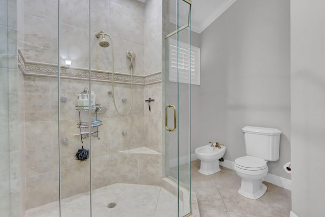 bathroom featuring walk in shower, toilet, a bidet, crown molding, and tile patterned floors