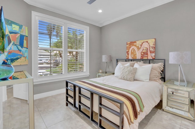 tiled bedroom with ornamental molding