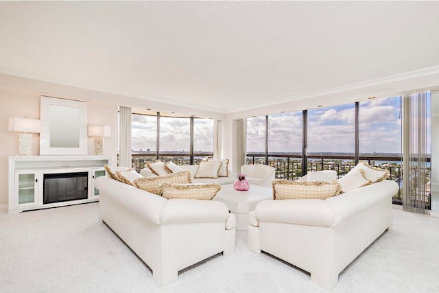 living room with light carpet, plenty of natural light, and expansive windows