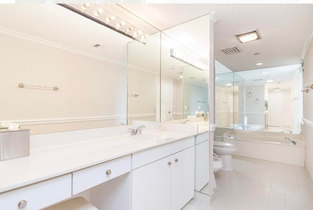 bathroom with toilet, a bidet, a textured ceiling, vanity, and tile floors