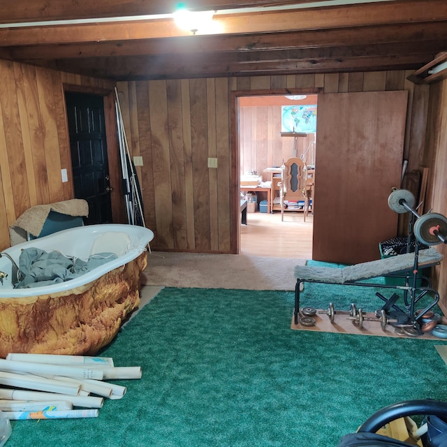 interior space with wood walls and carpet floors