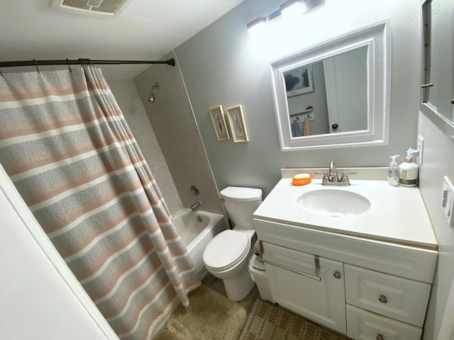 full bathroom featuring tile flooring, large vanity, toilet, and shower / bathtub combination with curtain