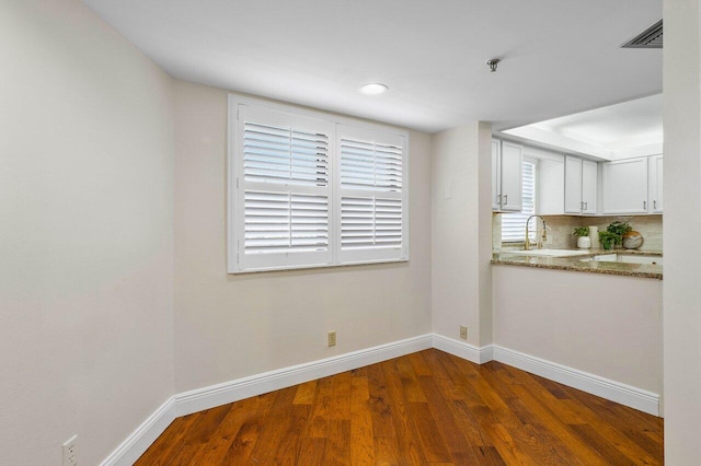 unfurnished dining area featuring sink and dark wood-type flooring