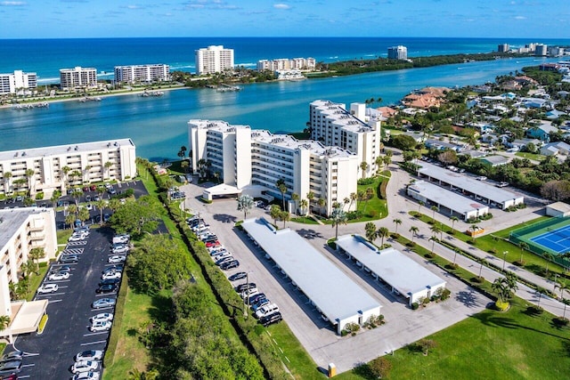 aerial view featuring a water view