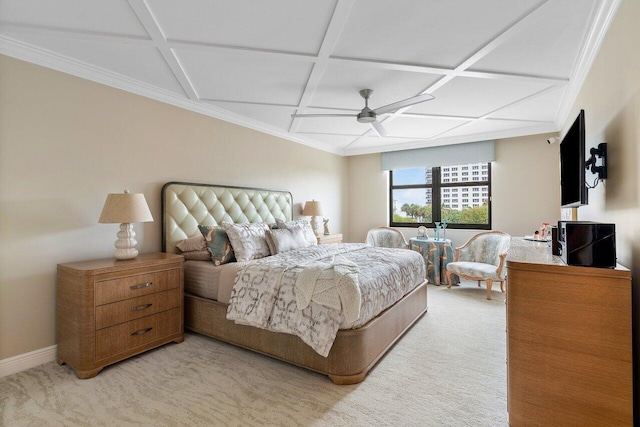 carpeted bedroom featuring ceiling fan and coffered ceiling