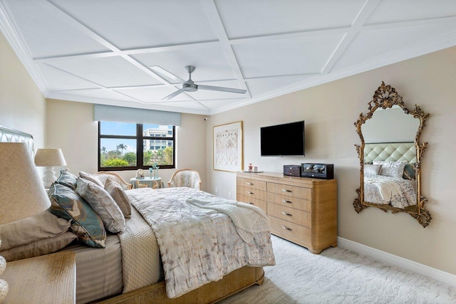 bedroom featuring ceiling fan, coffered ceiling, and carpet floors