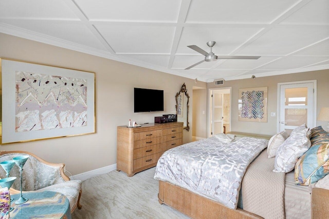 bedroom with ceiling fan, connected bathroom, coffered ceiling, and carpet floors