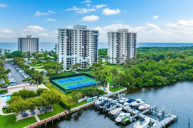 aerial view featuring a water view