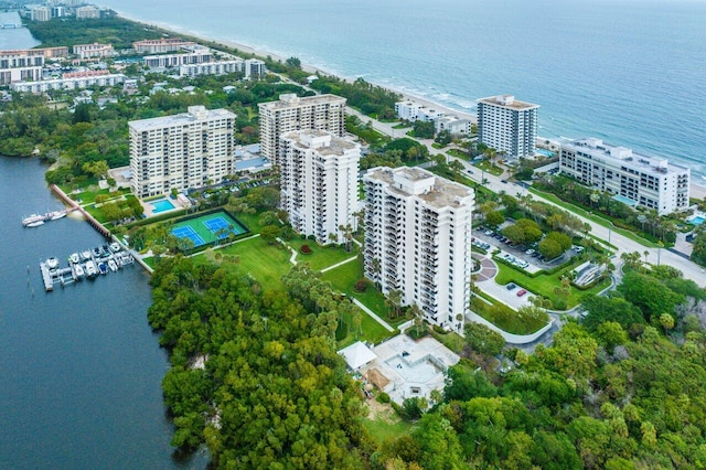 drone / aerial view featuring a water view