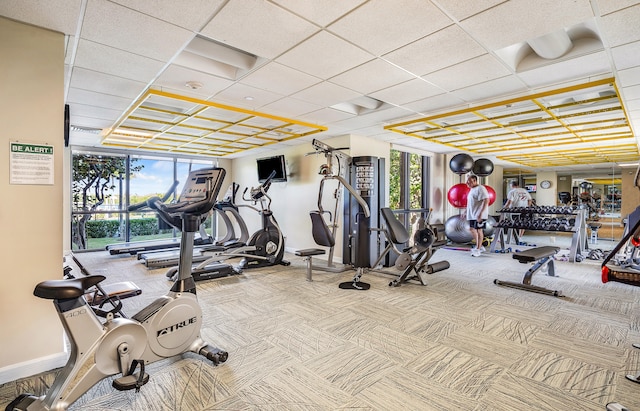 gym with a paneled ceiling and light colored carpet