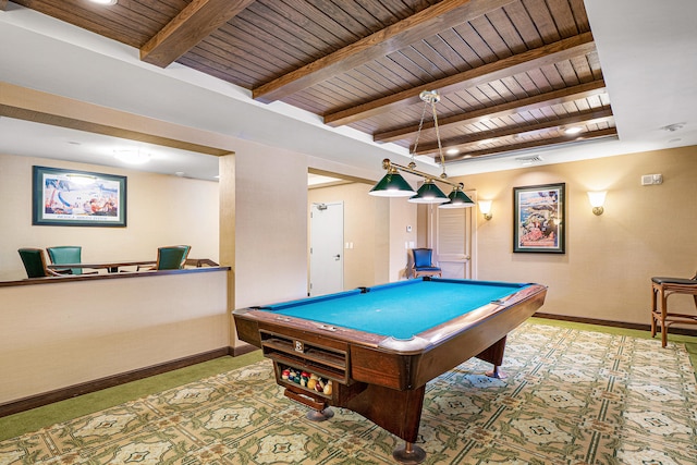 recreation room with billiards, beamed ceiling, wooden ceiling, and carpet flooring