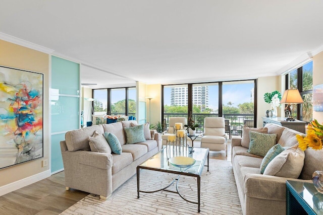 living room featuring light hardwood / wood-style floors, a wall of windows, and ornamental molding