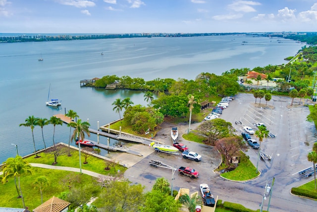 bird's eye view with a water view