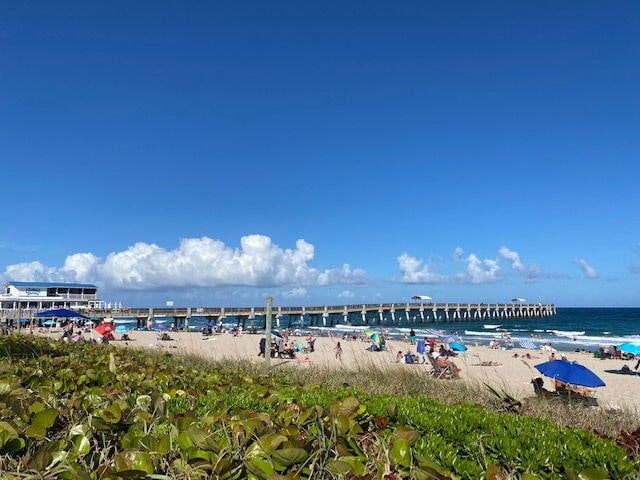 property view of water featuring a view of the beach