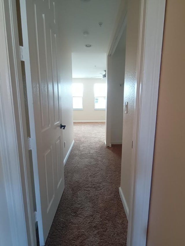 hallway featuring dark colored carpet